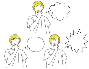 男の子04（手描き・上半身・半袖・何かを考えながら歯磨きをする人セット・吹き出し）