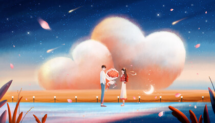 The boy is giving a girl.Beautiful Valentine's Day illustration