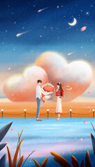 The boy is giving a girl.Beautiful Valentine's Day illustration