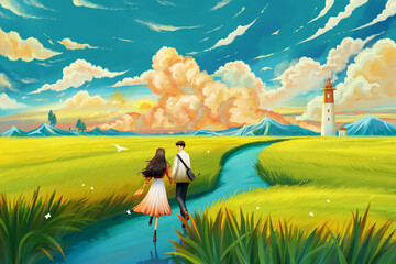 The couple hold hands in the fields of the suburbs. Valentine's Day illustration