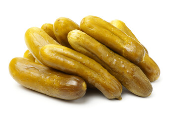 Marinated pickled cucumbers on white background