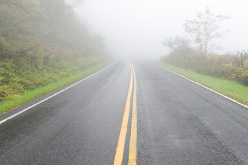 the road into Shenandoah National Park in the fog