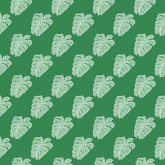 Geometric botanical leaves silhouette seamless pattern on green background. Tropic monstera foliage backdrop.
