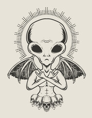 illustration alien with demon wings monochrome style