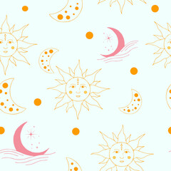 Celestial Boho mystical sun and moon vector seamless repeat pattern with pastel background