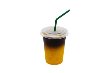 Orange Cold Brew Coffee in plastic cup isolated on white background.