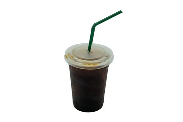 Black iced coffee in plastic cup isolated on white background.