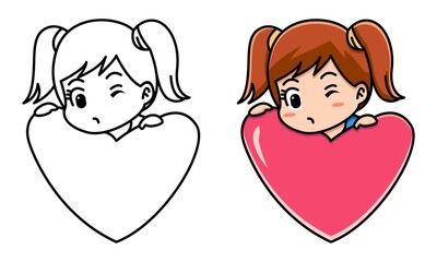 girl holding red heart, valentine concept, coloring page for kids