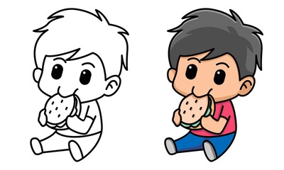 Cute boy eating hamburger coloring page for kids