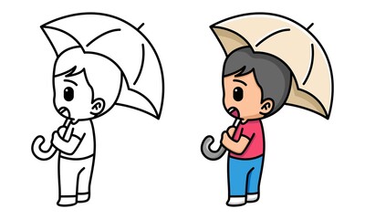 Cute boy with umbrella coloring page for kids