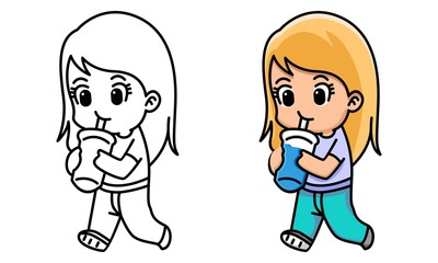 Cute and kawaii girl drink boba milk tea coloring page for kids