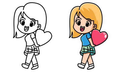 girl holding heart, happy valentine, coloring page for kids