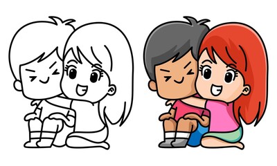 Cute girl hugging her boyfriend from beside, happy valentine, coloring page for kids