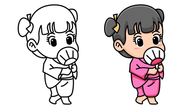 woman beautiful pose with kimono coloring page for kids