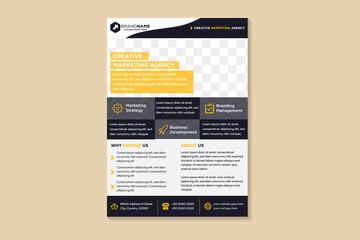 creative marketing agency flyer template design use vertical layout. flat yellow, grey and black on element. rectangle space for photo collage. wave liquid pattern on top