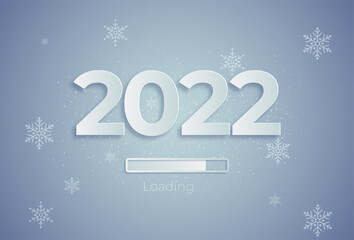 Loading New Year 2022 text design. Vector illustration of a paper cut holiday with sparkling confetti particles. A festive event banner. Decoration elements for poster or cover designs