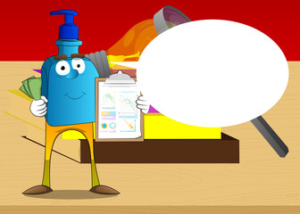 Cartoon bottle of hand sanitizer gel for hygiene with face shows finance report and money bills.