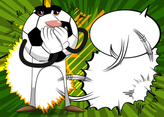 Soccer ball with hands over mouth. Traditional football ball as a cartoon character with face.
