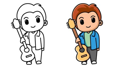 boy holding acoustic guitar coloring page for kids
