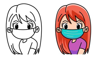 girl wearing surgical mask coloring page for kids