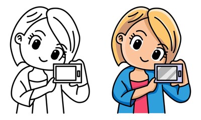 woman holding and showing smartphone coloring page for kids