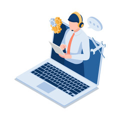 Isometric Male Technical Support Operator Wearting Headset on Laptop Screen - obrazy, fototapety, plakaty