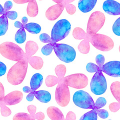 Pink and blue watercolor butterflies seamless pattern. Flying, abstract insects on a white background