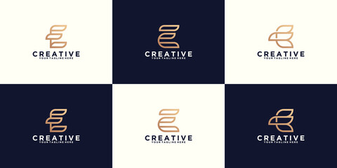 a collection of inspirational monogram alphabet letter e logos in line art style and gold color