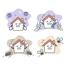 家のキャラクターのウィルスや害虫に関する表情セット