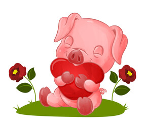 The sweet little pig is hugging the big colored heart