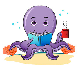 The smart octopus is reading the book and enjoy the coffee