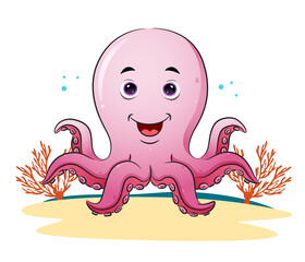 The happy octopus is posing and smiling under the water
