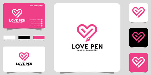 heart and pen logo inspiration template and business card design