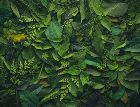 Foliage background with a variety of vibrant plant leaves showing a diverse ecosystem and the biodiversity of nature. © Leigh Prather