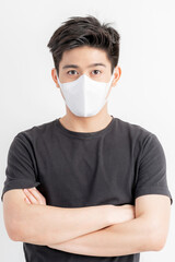 Stop Civid-19 , Asian man wearing Face Mask protect spread Covid-19 Coronavirus on white background