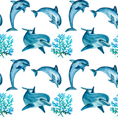 Watercolor corals. Seamless pattern with the underwater world sea animals.Paper Watercolor Blue Pattern.Splashy Seashell,Jellyfish,Fairy mermaids.