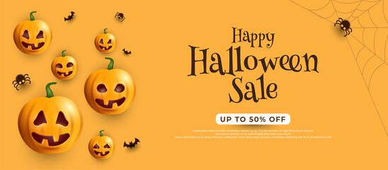 Halloween sale banner with bats and pumpkin