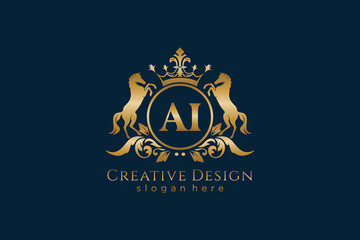 initial AI Retro golden crest with circle and two horses, badge template with scrolls and royal crown - perfect for luxurious branding projects