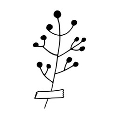 abstract plant glued with tape icon. hand drawn doodle. vector, scandinavian, nordic, minimalism, monochrome. plant, herbarium, scrapbooking.