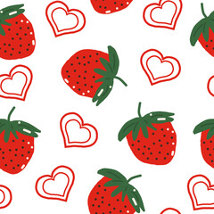 strawberry and hearts vector seamless pattern. hand drawn doodle. illustration for wallpaper, wrapping paper, textile, background. red juicy summer fruit. berry texture