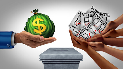 Vote buying and voting suppression destruction of votes and electoral fraud or election crime or election tampering and rigging as an illegal campaign finance scheme - obrazy, fototapety, plakaty