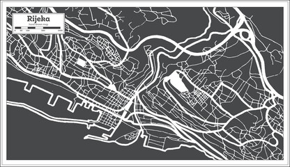 Rijeka Croatia City Map in Black and White Color in Retro Style. Outline Map.