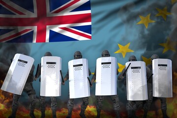 Tuvalu protest stopping concept, police swat protecting state against disorder - military 3D Illustration on flag background