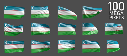 Uzbekistan flag isolated - different images of the waving flag on grey background - object 3D illustration