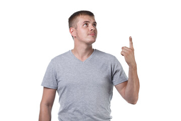 Fototapeta premium Photo of young man with bristle showing forefinger up