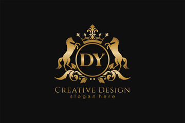initial DY Retro golden crest with circle and two horses, badge template with scrolls and royal crown - perfect for luxurious branding projects