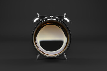 3D Illustration of black alarm clock with coffee liquid on front view