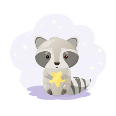 Cute raccoon with a star in its paws. Children's illustration of animals in cartoon design.