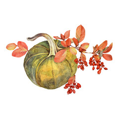 Watercolor composition autumn food. Yellow pumpkin, red berries barberry, orange branch leaves isolated on white background. Hand-drawn clip art for notebook, card, sketchbook, sticker, wrapping