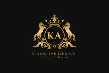 initial KA Retro golden crest with circle and two horses, badge template with scrolls and royal crown - perfect for luxurious branding projects - obrazy, fototapety, plakaty